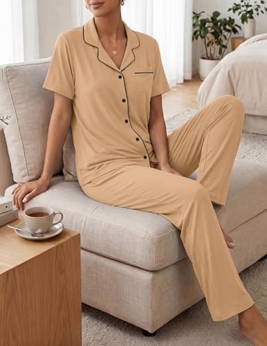 Image of ZMJ Womens Pajamas Sets 2 Piece Button Up Pj Sets Short Sleeve with Long Pant