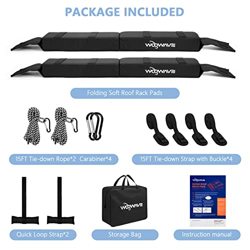 Image of WOOWAVE Folding Kayak Soft Roof Rack Pads Universal Kayak Carrier Car Rack with 4 Tie Down Straps, 2 Tie Down Rope, 4 Carabiner, 2 Quick Loop Strap and Storage Bag for Canoe /Surfboard /Paddleboard /SUP
