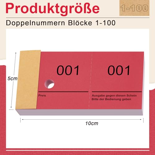 Nezyo Doppelnummern Blöcke 1-100 Tombola Lose mit Zahlen Nummernblöcke Zahlenblöcke 10 cm X 5 cm für Garderobe, Verlosung, Veranstaltungen, Partys, Messen und Bewirtungen(Rot)