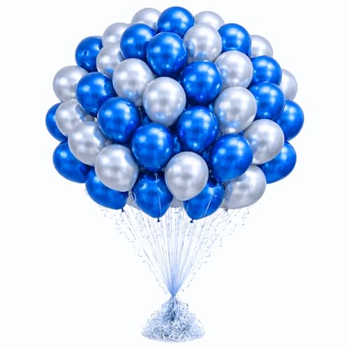 Image of 50 Pcs Silver Blue Metallic Chrome Balloons for Birthday Decoration Items Anniversary Baby Shower Boys Girls Kids Year With Latex Transparent Metallic Balloon Happy Birthday Decoration Kit Set Combo