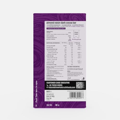 Image of The Whole Truth - Almond Raisin Dark Cocoa Bar - Sweetened only with dates - 47% Cocoa - 38% Dates - 15% Almond and Raisins