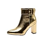 Generisch 2026 Modische Stiefeletten mit spitzer Zehenpartie, Blockabsatz Riemenschnalle – perfekt für Freizeit- Abendoutfits (Gold, 36)