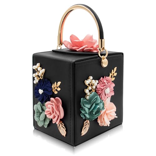 Minaudière de mariage fleurie et sac bandoulière de soirée noir rigide