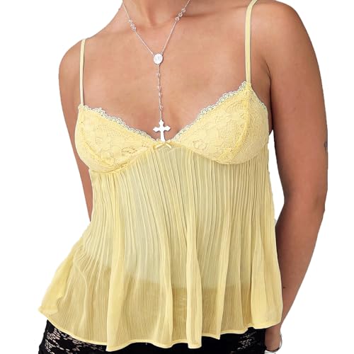 ICNGLKSND Women Y2K Sleeveless Mesh Cami Low Cut Spaghetti Strap Lace Trim Sexy Crop Top Sheer Flowy Beach Tops Pleated Tank