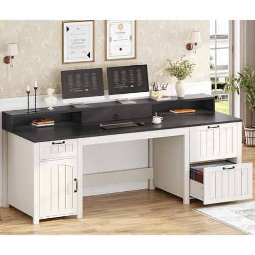 SEDETA Farmhouse 63" Executive Desk, Home Office Desk with File Drawer and Monitor Stand, Computer Desk with Drawers and Storage Cabinet, Wood Desk fo