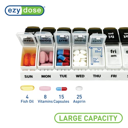 Image of EZY DOSE Weekly (7-Day) Daily AM /PM Pill Case, Medicine Planner, Vitamin Organizer, Supplement Container, Large Pop-Out Compartments, Designed for Travel 2 Times a Day, Black and White Lids
