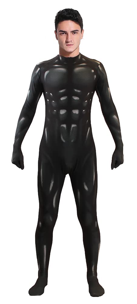 Halloween Superhero Costume Cosplay Black Bodysuit Jumpsuit Zentai Onesie Outfit Dress Up for Mens Kids
