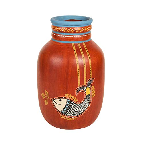 Image of Aakriti Art Creations Madhubani Fish Terracotta Vase | Handmade Rustic Red Decorative Flower Vase | Traditional Folk Art Vase for Living Room Table Decor & Housewarming Gift