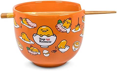 Gudetama Japanese Ceramic Dinnerware Set | Includes 20-Ounce Ramen Bowl and Wooden Chopsticks | Asian Food Dish Set For Home Kitchen | Kawaii Anime Gifts, Official Sanrio Lazy Egg Collectible
