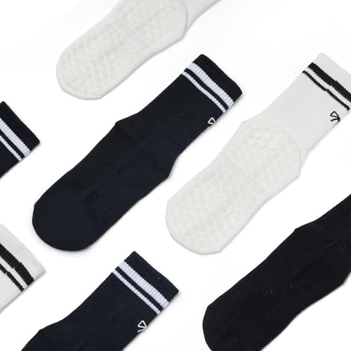 Image of Non-Slip Pilates Yoga Socks for Women Cotton Crew Striped Bow Embroidery for Barre Ballet Dance Workout