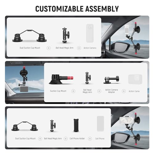 Image of NEEWER Dual Suction Cup Car Mount Kit with 360 Ball Head Magic Arm, Quick Release Air Pump Vacuum Camera Mount with Phone Holder & Action Camera Adapter Compatible with GoPro Insta360 DJI OSMO, CA066