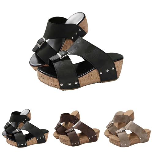 Pantuflas de playa con tacón inclinado para mujer, con hebilla ajustable, ajuste ancho, cómodas, puntera abierta, zapatos de cuña con parte inferior gruesa con soporte de arco, Black, 40 EU