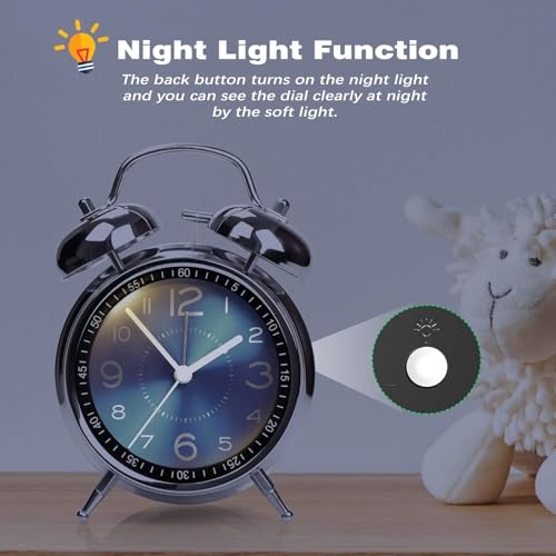 Image of Alarm Clock Analog Table Clock with Twin Bell Design and Numbered Dial, Desktop Timepiece (Metal Blue Silver Analog Clock)