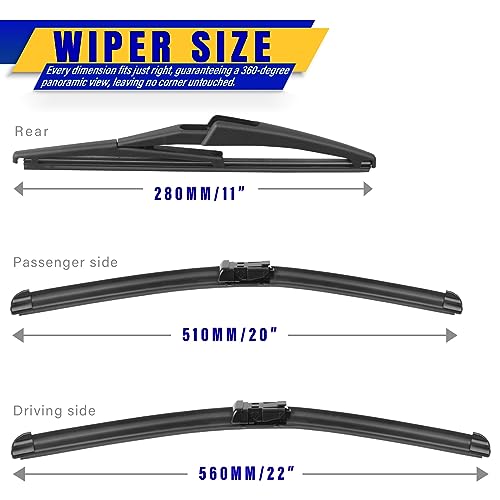 Image of 3 wipers Replacement for 2015-2020 2021 2022 2023 jeep renegade, Windshield Wiper Blades Original Equipment Replacement - 22 inch /20 inch /11 inch (Set of 3) Top Lock