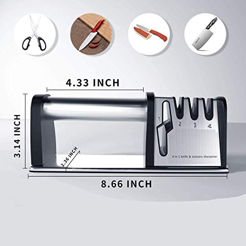 Knife Sharpeners, 4 in 1 Kitchen Blade and Scissors Sharpening Tool, Powerful Professional Chef\'s Kitchen Knife Accessories, Manual Knife Sharpener Kitchen (Silver) - Thumbnail 6