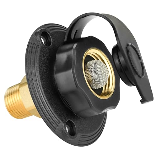 RV City Water Inlet with Brass Check Valve, 3/4 NH Female to 1/2 NPT Male Flange RV Fresh Water Inlet Durable RV Water Replacement Connection Fittings for RV Camper Motorhome Trailer Marine, Black