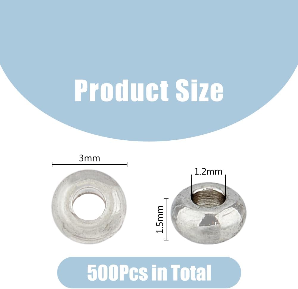 DICOSMETIC 500pcs Flat Round Spacer Beads 3mm Seamless Loose Bead Stainless Steel Rondelle Bead European Beads Bulk for Bracelet Jewelry Making, Hole: 1.2mm - Image 2