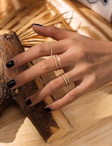 sailimue Gold Stackable Rings for Women Non Tarnish - 14K Gold Plated Waterproof Thin Band Ring Set - 1mm Minimalist Stainless Steel Silver Stacking Dainty Trendy Statement Thumb Rings Size 5-113