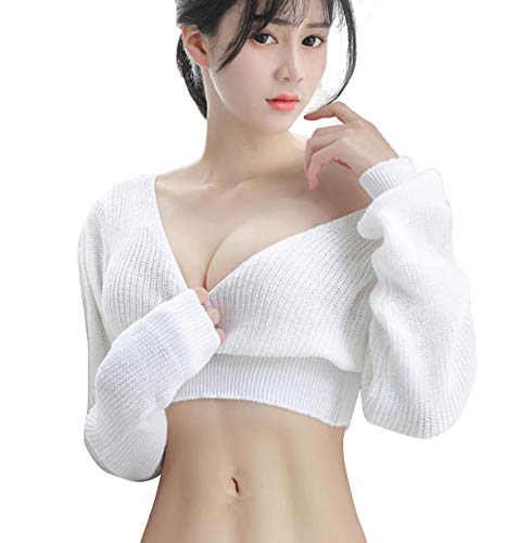 Image of Women's Knitted Sweater Deep V Neck Long Sleeve Sexy Solid Rib Loose Comfortable Pullover Short Sweater Lightweight Crop Top T-Shirt (White)