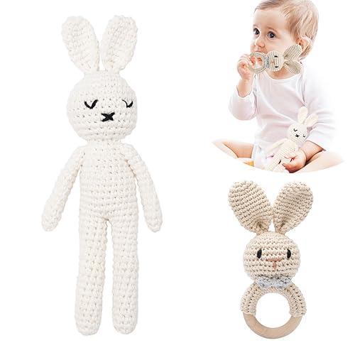 Image of 2PC Wooden Baby Bunny Rattle & Crochet Doll Plush Stuffed Rabbit Animals Toy for Newborn Baby | 100% Handmade Infant Soothe Toys for Sensory and Early Grips Development Thanksgiving Gifts
