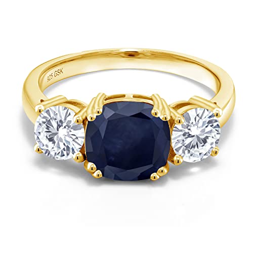 Gem Stone King 18K Yellow Gold Plated Silver Blue Sapphire and White Moissanite 3 Stone Engagement Ring For Women (3.82 Cttw, Gemstone September Birthstone, Cushion 8MM, Available in Size 5,6,7,8,9)2