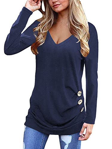 Las mujeres de manga corta cuello en V Camisas sueltas de ajuste túnica de color sólido Tops llano casual blusa Camisetas de mujer - Azul - Medium