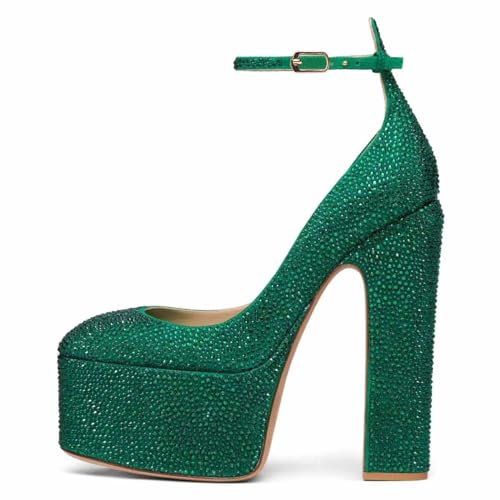 FSJ Women Fashion Round Toe Platform Pumps Chunky High Heel Ankle Strap Party Dress Shoes Size 4-15 US2