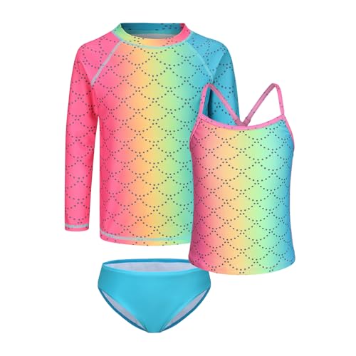 Image of Girls 3 Piece Swimsuits Set Long Sleeve Rash Guard for Girls Tankini Bathing Suits Beach Swimwear 3-16 Years