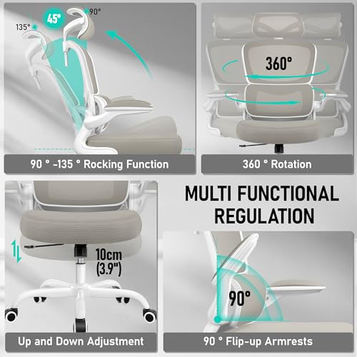 Image of BESTFAIR High Back Ergonomic Office Chair, Breathable Mesh Desk Chair with Lumbar Support, Adjustable Headrest, Flip-up Armrests, Computer Gaming Chair, (LightGray)