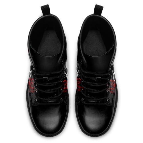 Image of Custom Black Combat Boots for Women Fashion Lace-Up Skull Rose Ankle Booties Chunky Heel Platform Leather Boots