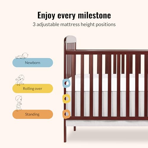 Image of Dream On Me Anna 3-in-1 Convertible Full-Size Baby Crib & Changer with Storage in Cherry, GreenGuard Gold & BSA, Pinewood, Converts to Day & Toddler Bed, 3 Mattress Heights, 1″ Changing Pad