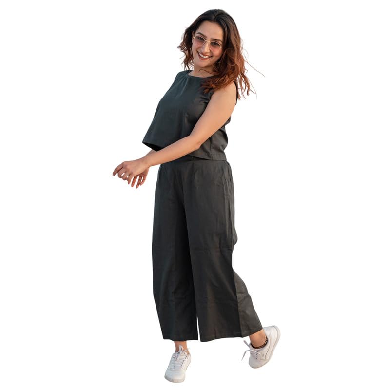 Babli Women's Slate Grey Cotton Co-ord Set | Sleeveless Crop Top & Plazzo-image-48