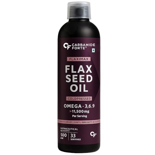 Carbamide Forte Cold Pressed Flaxseed Oil 500ml with 11500mg Omega 3 6 9 per Serving for Eating, Skin & Hair Growth - Vegetarian Oil