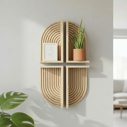 Image of American Art Decor Natural Boho Arched Lunar Ledges Wall Shelf, Wood 4 Piece Floating Display Shelf, Modular Arch Bookshelf for Bedroom, Bathroom, Kitchen & Living Room Decor, 6 inch x 12 inch x 4.75 inch