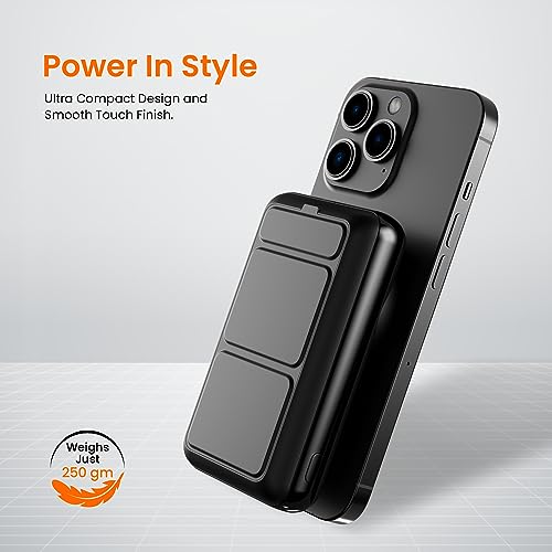 Image of Portronics Wirecell 10 10000mAh 15W Magnetic Wireless Power Bank with 22.5 Wired Output Compatible with iPhone 12 & Above, Samsung Galaxy Z Fold 2, S20 FE, S6 Edge & Other QI enables Devices(Black)