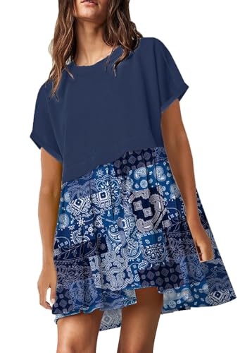 Image of SAUKOLE Womens Summer Crew Neck Short Sleeve Dress Patchwork Pleated A Line Beach Mini Dress