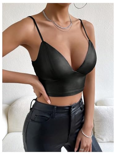 SOLY HUX Women's PU Leather Crop Cami Top Deep V Neck Push Up Camisole Club Rave Clothes4