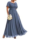 Ever-Pretty Plus Elegant Formal Dresses for Curvy Women Round Neck Short Sleeves Chiffon Bridesmaid Mother of The Bride Dress Dusty Blue US16