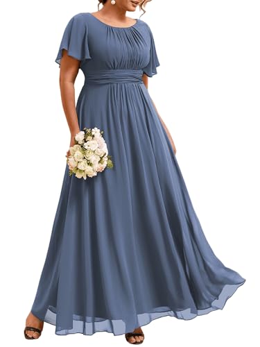 Ever-Pretty Plus Elegant Formal Dresses for Curvy Women Round Neck Short Sleeves Chiffon Bridesmaid Mother of The Bride Dress Dusty Blue US16