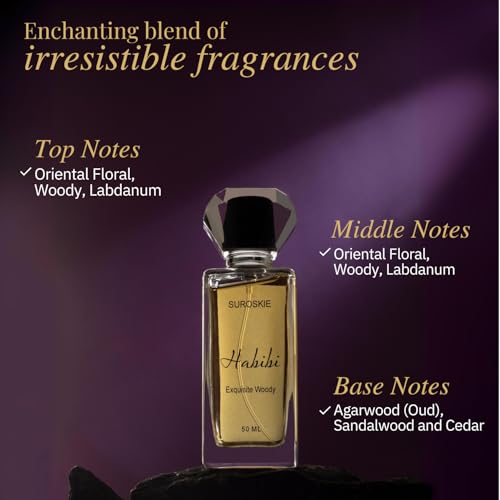 Image of Suroskie Habibi Perfume 50Ml | Luxury Eau De Parfum | Long Lasting Unisex Fragrance Spray | Aromatic Blend Of Aqua, Saffron & Rose Scent | Floral & Woody Notes | Premium Gift For Men & Women