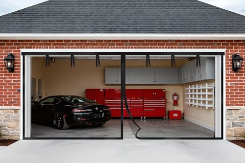 Kitsure Garage Door Screen for 2-Car - Hands-Free Magnetic Closure Fits 16 x 7FT Garage Door with Heavy-Duty Fiberglass Mesh & Buckle Straps for Porch Gazebo Patio Black