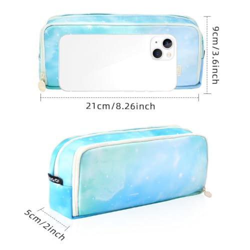 Image of Canvas School Bag Pencil Case, 3 Layer 6 Compartment Large Capacity, Aesthetic Pencil Pouch for Stationary, Cute Stationery for Kids, Pencil Case for Girls & Boys (Rainbow Sky Blue)