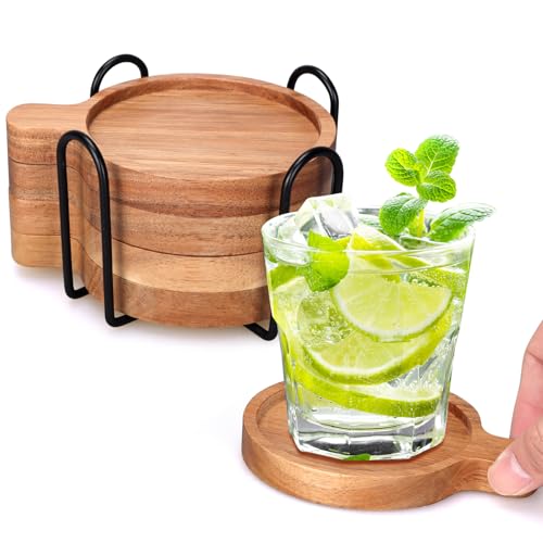 Best Wooden Handle Coasters Set of 4 with Holder Coffee Table Decor Acacia Wood Coaster for Living Room Modern Cup Coaster for Drink Home Kitchen Dining Accessories Bar Farmhouse Outdoor Decorative