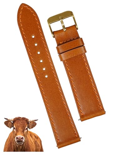 21mm Flat Classic Brown Leather Watch Band Men Quick Release Handmade Leather Strap, Slim Replacement Wristband Stainless Steel Buckle, Christmas Father's Day Gift for Dad Husband DH-NO-202G-21MM