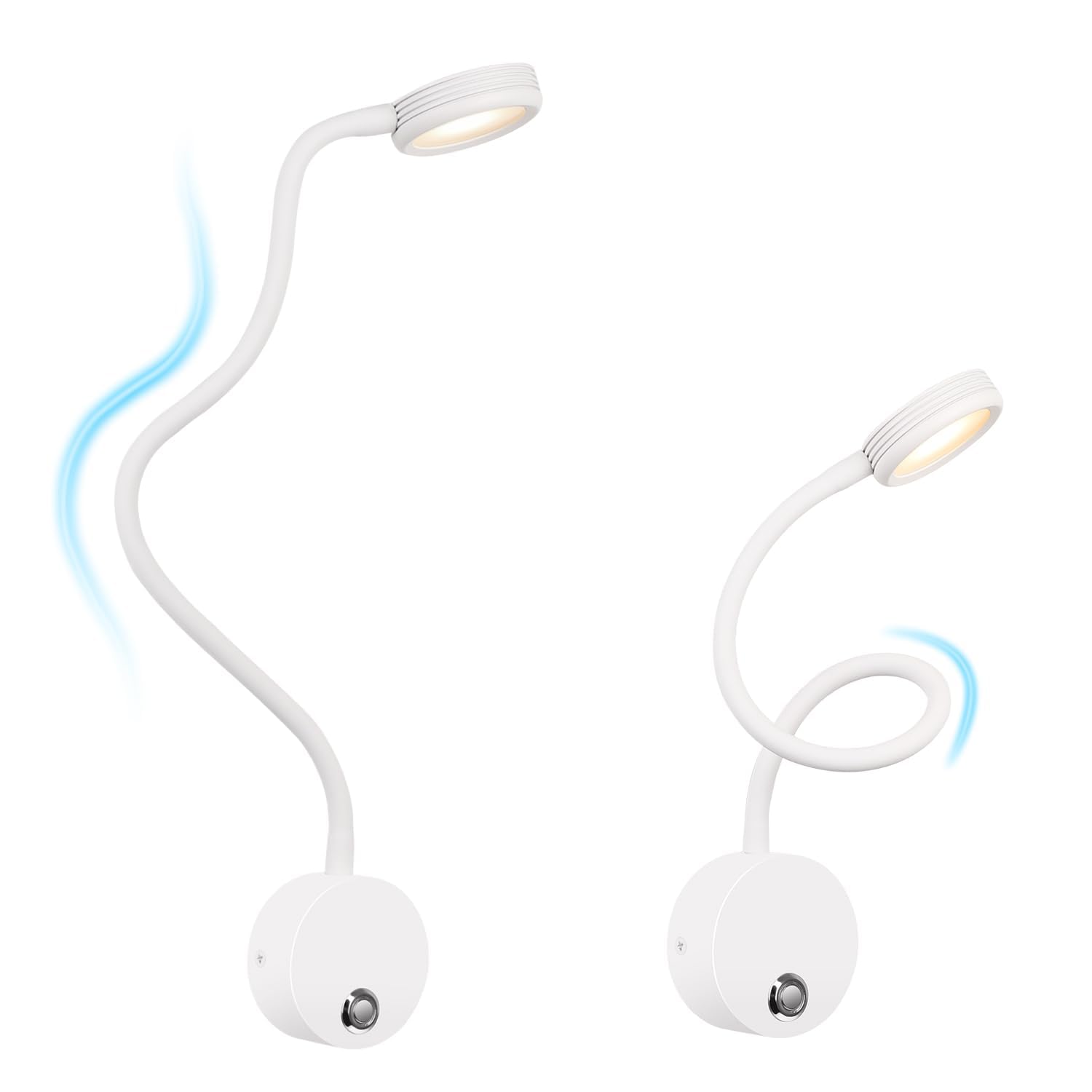 ERWEY 2 Stück LED Leselampe Wandmontage, Wandleuchte mit Touch-Dimmer (3000-6000K), 4W Bettlampe mit 360° Flexiblem Schwanenhals und USB-Ladeanschluss für Bett, Schlafzimmer (Weiß)