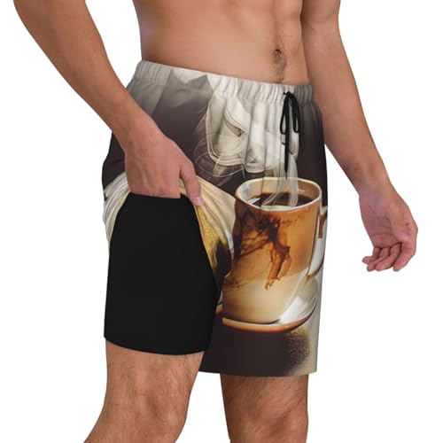 Men's Swim Trunks Quick Dry Board Shorts Hot Coffee Beach Shorts with Pocket Bathing Suits for Men2