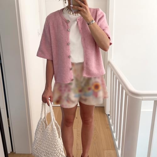Image of Womens Button Up Short Sleeve Cardigans Sweater Cropped Lightweight Round Neck Elegant Knit Tops with Pockets