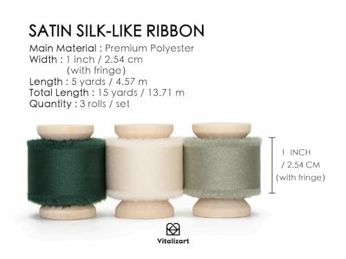 Vitalizart Green & White Silky Satin Ribbon 1 inch x 15 Yard Wooden Spool Handmade Frayed Ribbon for Gift Wrapping Baby Shower Wedding Bridal Bouquets Holiday Decoration Dark Green Cream - Image 2