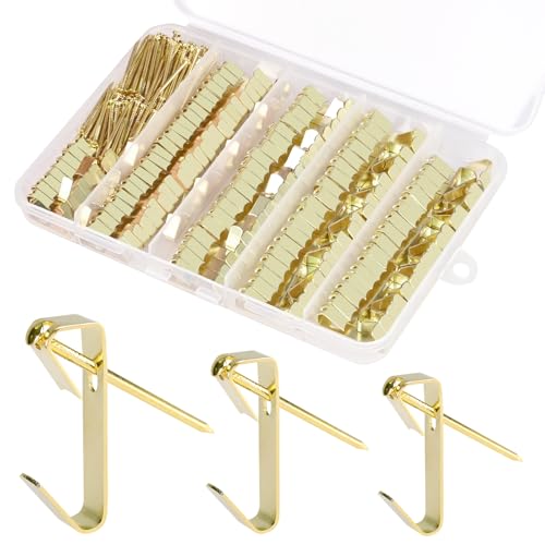 Image of Picture Hanging Hooks 230 Pieces,10lb, 20lb, and 30lb Picture Hangers ,Nails Hanging Kit, Metal Picture Hangers for Drywall Wooden Wall,Gold