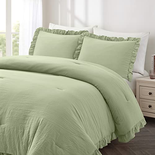 Bonlino Bed Bedding Comforter Set Queen - 3 Pieces Farmhouse Comforter Ruffle Boho Bed Comforter, Fluffy Soft Lightweight Bedding Chic Rustic Country Style For Home Bedroom Dorm (Queen, Sage Green) #TOP5